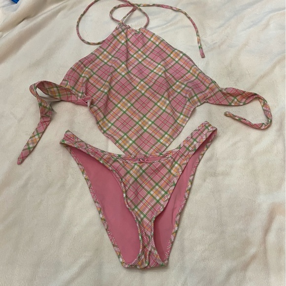 New! Frankie's Bikinis x PINK golden hour strawberry Plaid Bikini 3991 - Picture 2 of 9